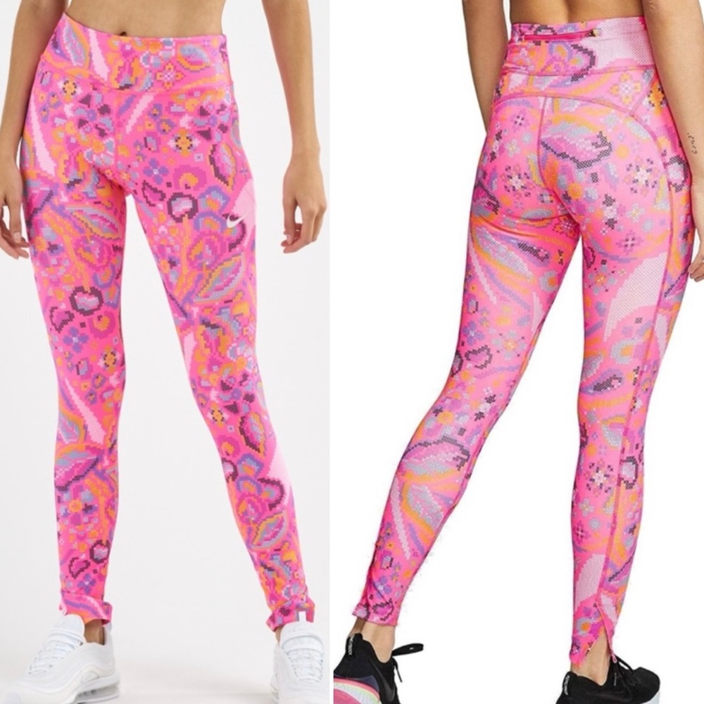 Nike Pink CrossStitch Embroidery Patterned Leggings Dri Fit